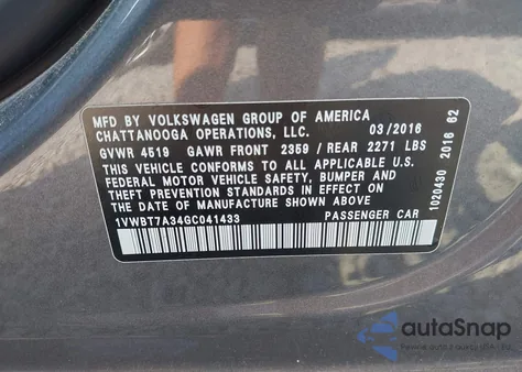 2016 Volkswagen Passat 1.8T Se z USA, uszkodzony, nr VIN 1VWBT7A34GC041433
